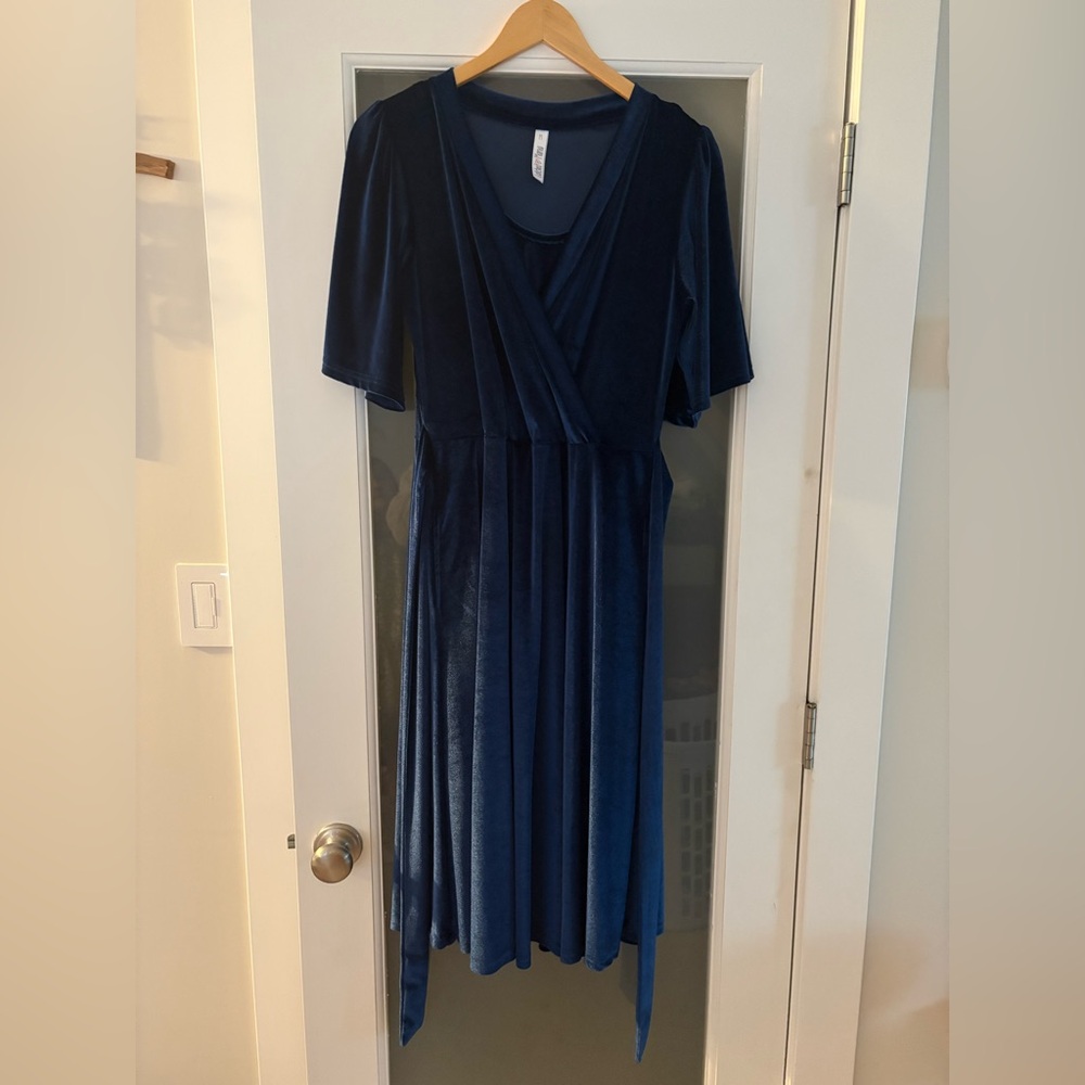 Latched Mama Deep Blue Velvet Midi Nursing/Maternity Dress